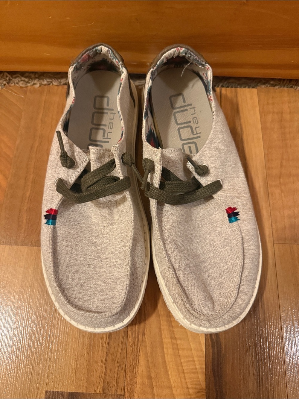 Hey Dude Beige Canvas Sneakers with Olive Laces and Red-Teal Stitch